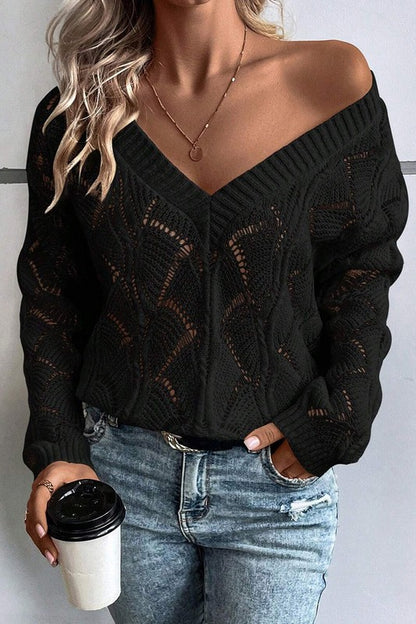 Women Hollow Out Knit V Neck Drop Shoulder Sweater