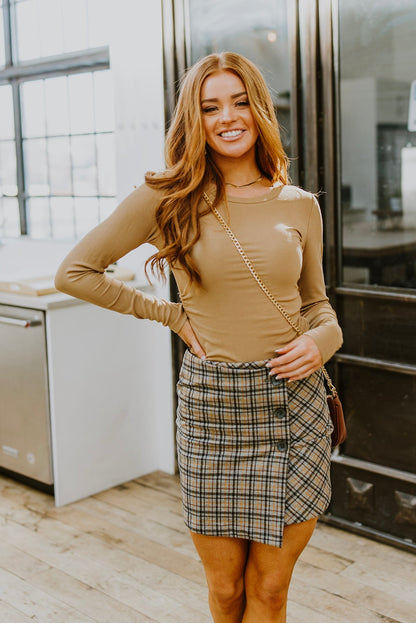 Hold Me Tight Ribbed Long Sleeve Top In Tan