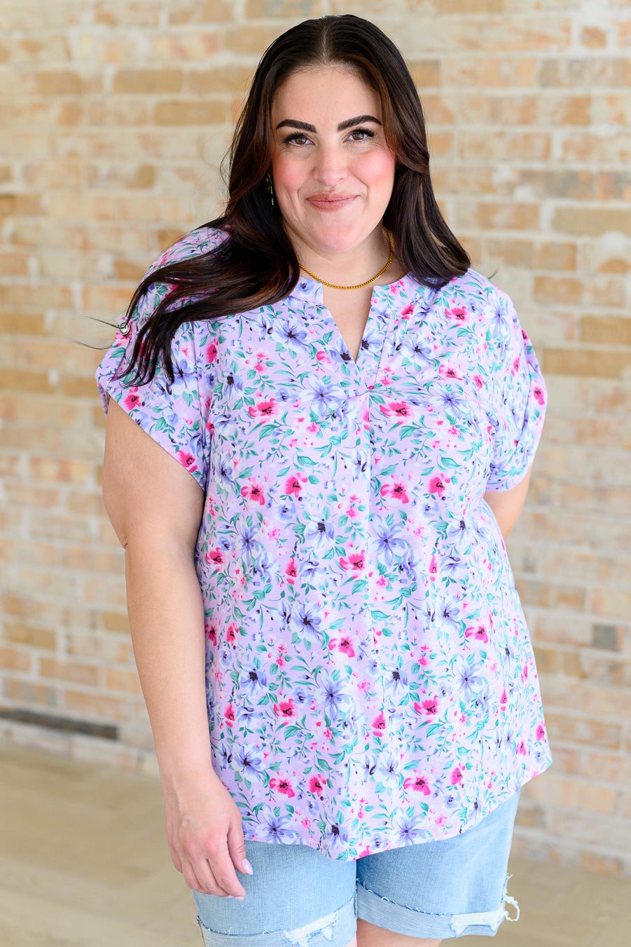 Lizzy Cap Sleeve Top in Muted Lavender and Pink Floral